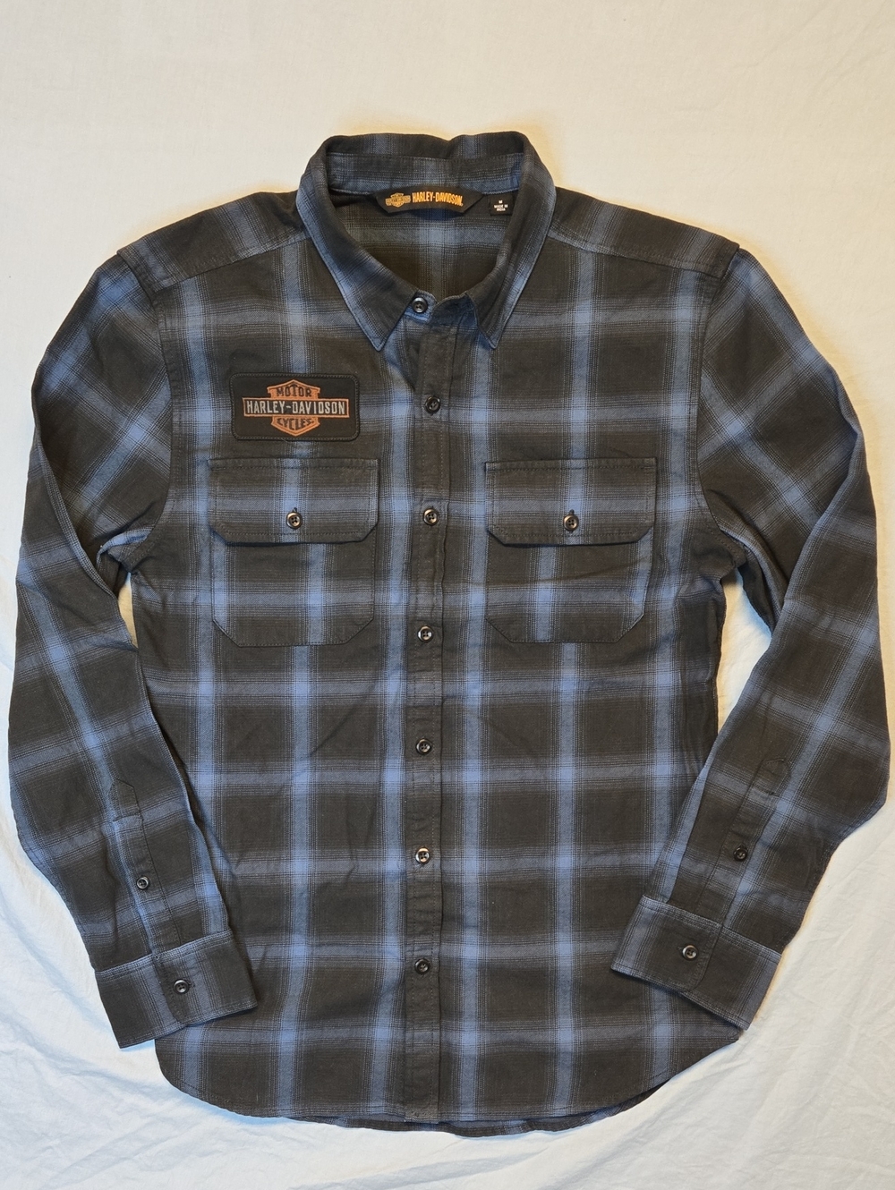 Harley-Davidson Black & Blue Flannel Full Graphic Button Down Casual Dress Shirt
